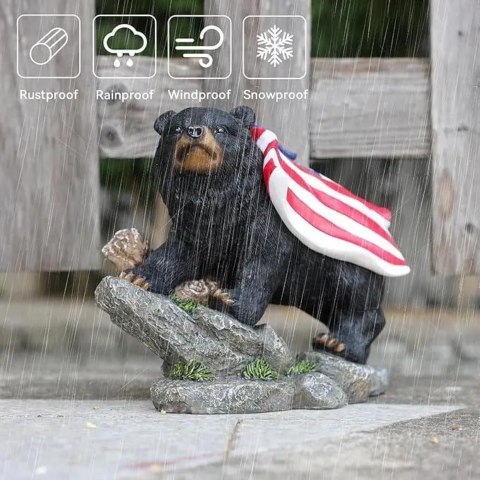 Garden Statue Bear,Solar American Flag Bear Ourdoor Statue,Garden Decor Bears Solar Light,Resin Figurine Lights,Outdoor Decor for Patio,Porch,Balcony,Yard,Lawn by GreenHaven Gardens