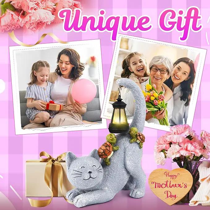 Solar Garden Decor Cat Figurine-Cat Outdoor Statue with Solar Lantern, Loving Turtle Garden Decor for Outside Patio,Porch,Yard, Backyard-Unique Housewarming Gifts for Mom Grandma Women by GreenHaven Gardens
