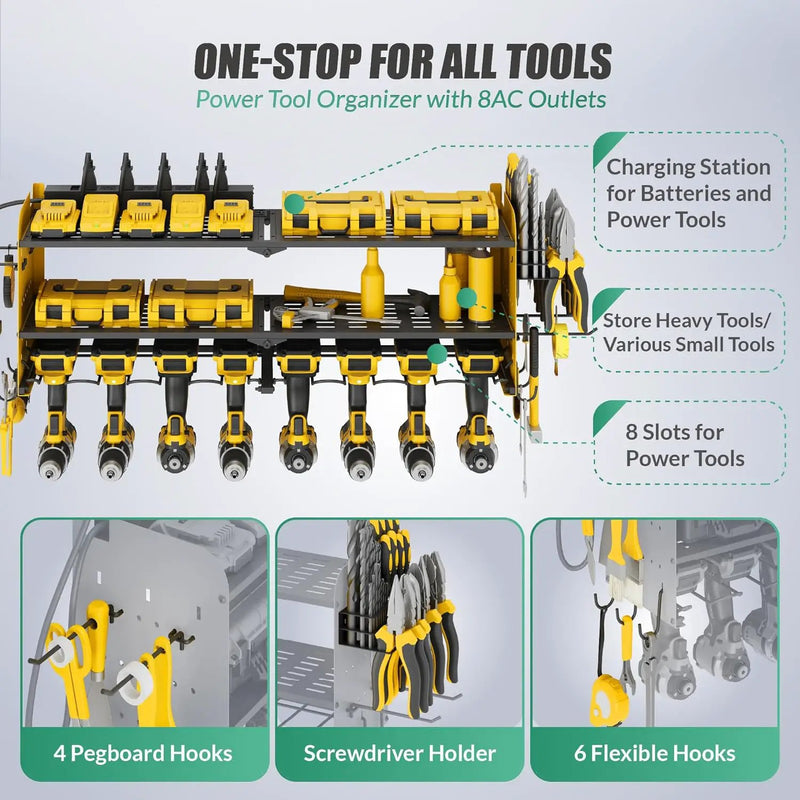 Suchtale Power Tool Organizer with Charging Station,33.2" Garage 8 Drill Holders Wall Mount,3 Layers Heavy Duty Metal Tool Shelf with 8 Outlets Power Strip, Gift for Men, Father, Yellow by GreenHaven Gardens
