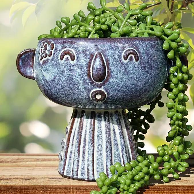 Planter, Ceramic Cute Face Flower Pot Head, Indoor Outdoor, Drainage Hole, 7x5x6 inches, Light Blue by GreenHaven Gardens