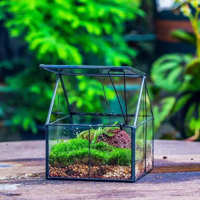 NCYP Mini Glass Geometric Terrarium with Lid - 4.25" x 4.25" x 4.92" Small House Shape Close Planter Pot for Succulents Plant - Handmade, Home Garden Office Tabletop Decor, Black (Terrarium Only) by GreenHaven Gardens