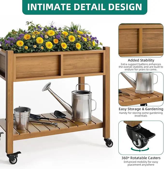 YITAHOME Raised Garden Bed, HIPS Poly Wood Elevated Planter Box with Shelf & Wheels for Mobility, Small Flower Box Stand for Patio Balcony Garden Backyard, Teak by GreenHaven Gardens