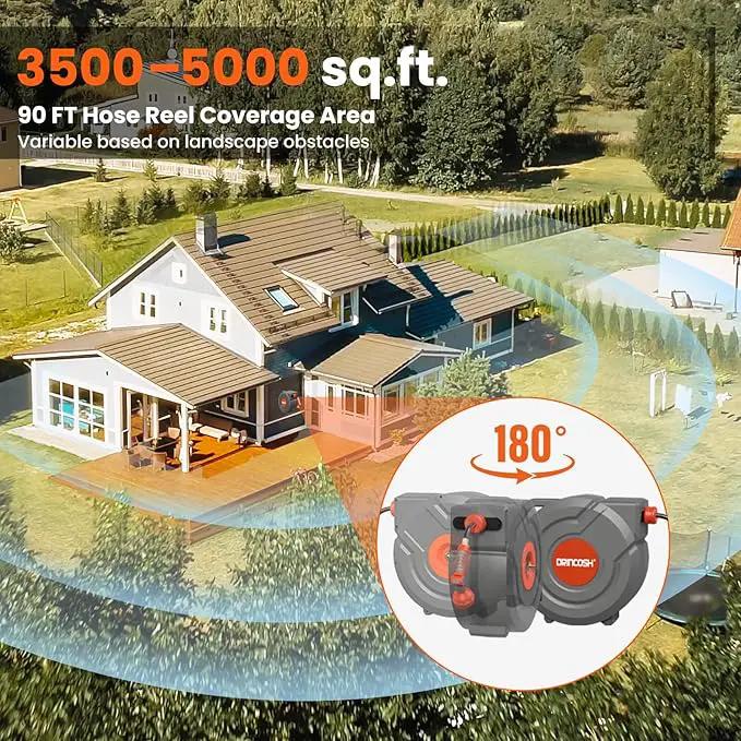 Upgraded Retractable Garden Hose 5/8 in x 90 ft Heavy Duty Wall-Mounted Hose Reel 180°Swivel Automatic Slow Return Any Length Lock 9 Pattern Nozzle UV Resistant (Black) by GreenHaven Gardens