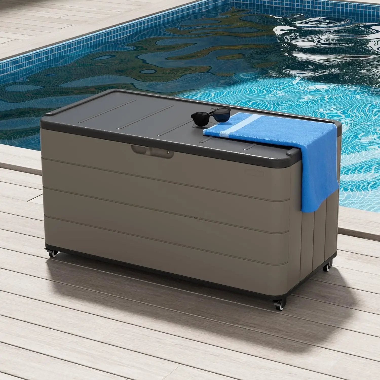 100GAL Brown Wicker-Textured Deck Box with Wheels – Lockable, Waterproof, UV-Resistant, Spacious Storage for Patio & Garden Supplies, Easy Handling by GreenHaven Gardens