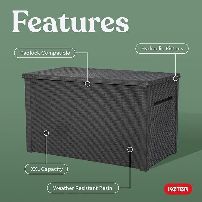 Keter Java XXL 230 Gallon Resin Rattan Look Large Outdoor Storage Deck Box for Patio Furniture Cushions, Pool Toys, and Garden Tools, Dark Grey by GreenHaven Gardens