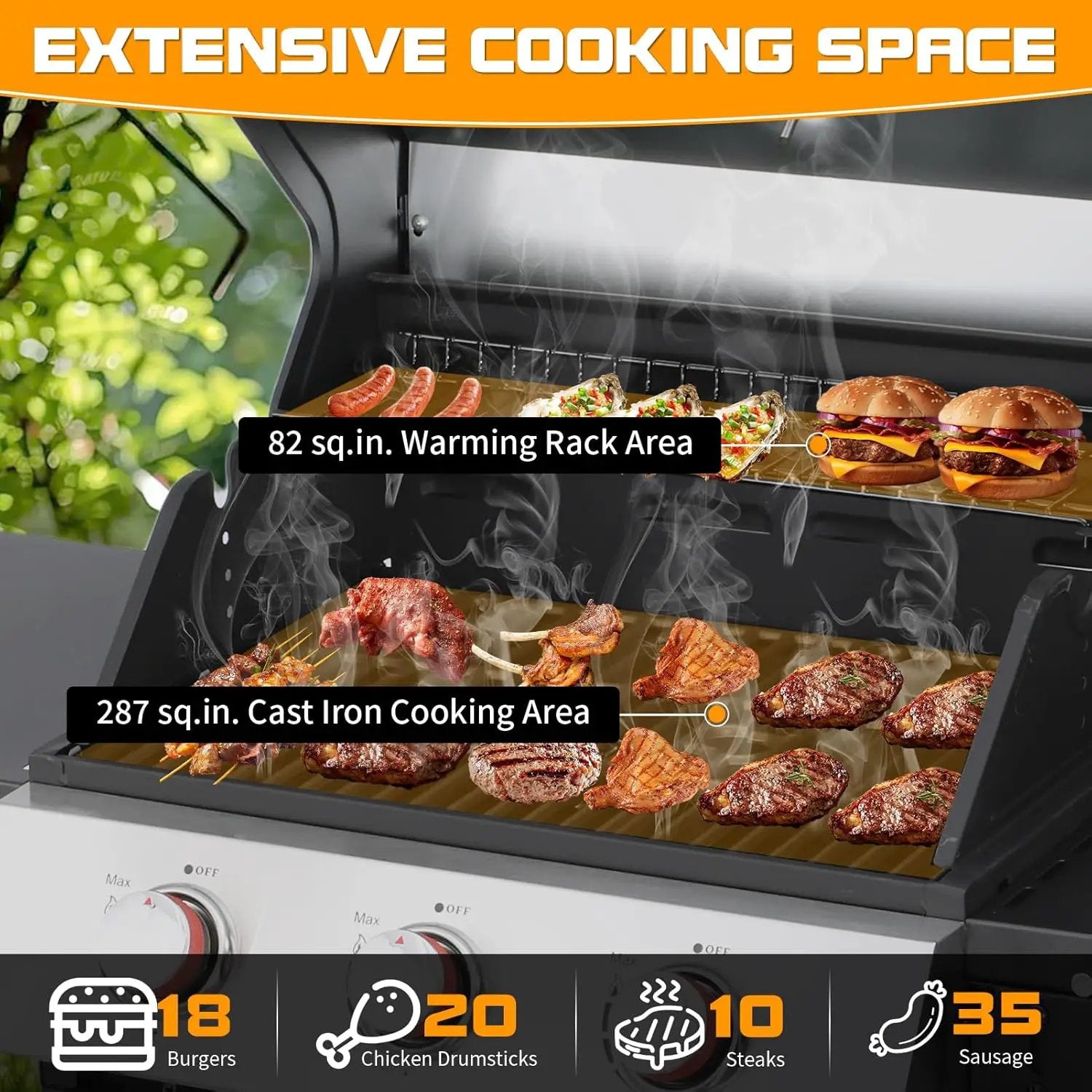 CIG GARDEN 3-Burner Propane Gas Grill,Outdoor Barbecue Grill with 2 Foldable Side Tables,Double-layer Stainless Steel Grill Lid with Cast Iron Grates,31500 BTU Output Perfect for Camping,BBQ Grill by GreenHaven Gardens