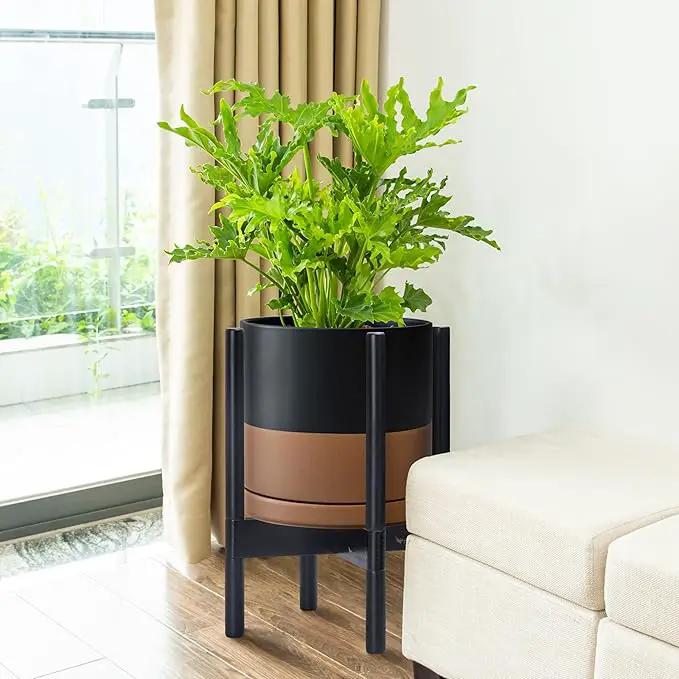 D'vine Dev Ceramic Planter with Ebony Stand - 10 Inch Modern Round Flower Pot with Wood Planter Holder, Black/Speckled Tan, 55-B-L-7 by GreenHaven Gardens