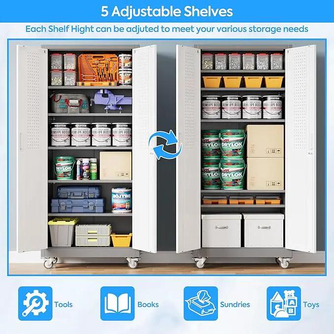 71" H×32" W×16" D Garage Storage Cabinet with Wheels & Pegboard, Locking Metal Storage Cabinet with Doors and 5 Adjustable Shelves & & 4 Hooks for Garage Warehouse Home Office, White and Gray by GreenHaven Gardens