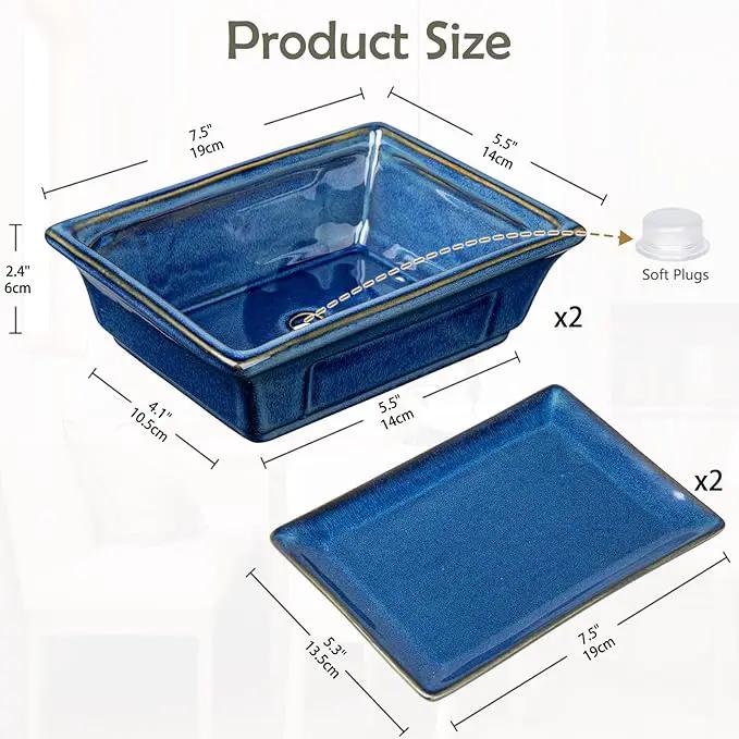 Bonsai Pots Small Shallow Succulent Planters for Live Bonsai Trees Set of 2, 7.5" Ceramic Pot for Succulents Indoor with Drainage Hole and Saucer, Outdoor Cactus Plant Bonsai Pot by GreenHaven Gardens