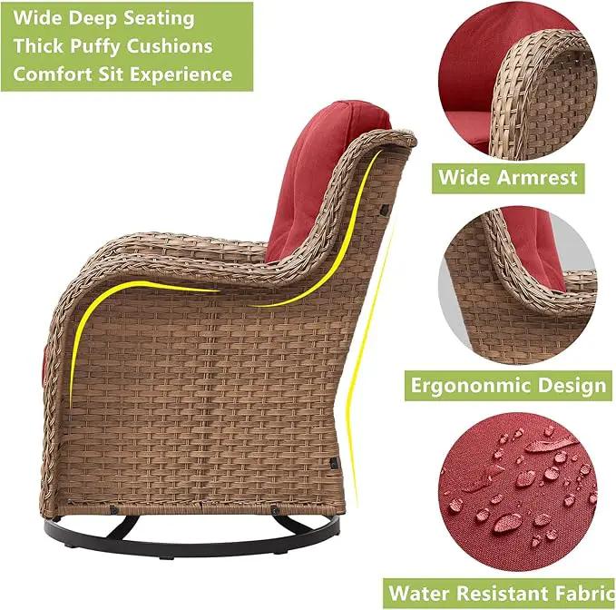 Outdoor Patio Swivel Rocker Chairs - 3 Piece Patio Bistro Set,Wicker Patio Furniture Set with 2 Swivel Rocking Chairs and 1 Glass Top Side Table for Deck Porch Garden,Yellow/Red by GreenHaven Gardens