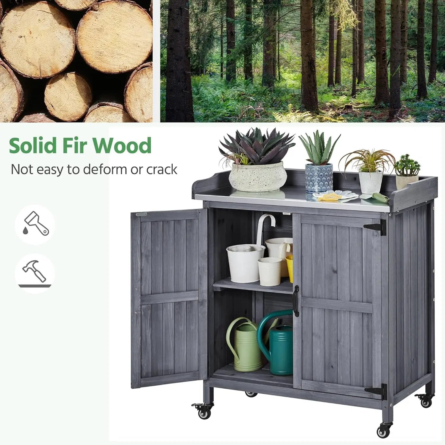 Yaheetech Garden Potting Bench Table, Outdoor Garden Horticultural Wooden Storage Cabinet & Solid Wood Planting Work Bench with Large Space Storage & Metal-Plated Tabletop, Gray by GreenHaven Gardens