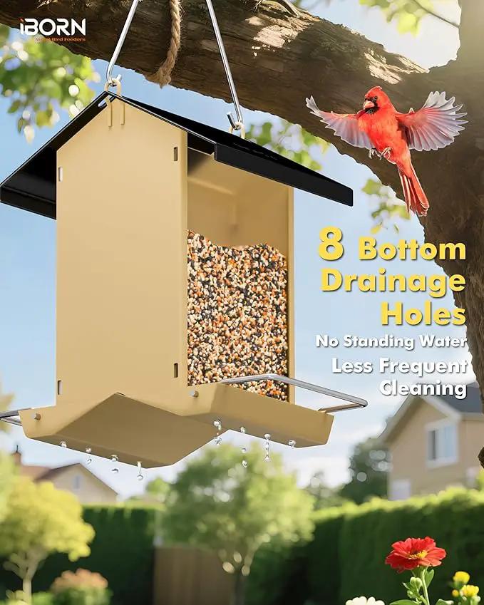 iBorn Bird Feeders for Outdoors,Bird House Feeder with Weatherproof Metal Roof & 8 Drain Holes,Fully Detachable Birdfeeder Design,Easy Clean & Refill,Chew-Proof PC Windows,1.5 Lbs Capacity,Black Roof by GreenHaven Gardens