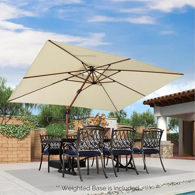 PURPLE LEAF 9' X 12' Double Top Deluxe Wood Pattern Rectangle Patio Umbrella with Base Offset Hanging Umbrella Outdoor Market Umbrella Garden Umbrella, Cream by GreenHaven Gardens