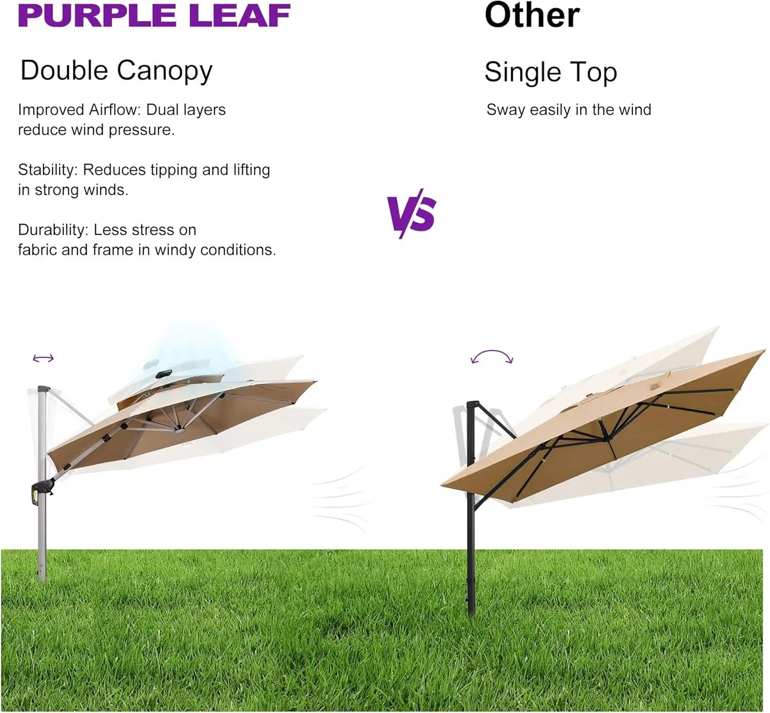 PURPLE LEAF 10ft Solar powered LED Patio Umbrella Outdoor Round Umbrellas Large Cantilever Umbrella with LED lights Windproof Offset Umbrellas Heavy Duty for Garden Deck Pool Patio, Beige by GreenHaven Gardens