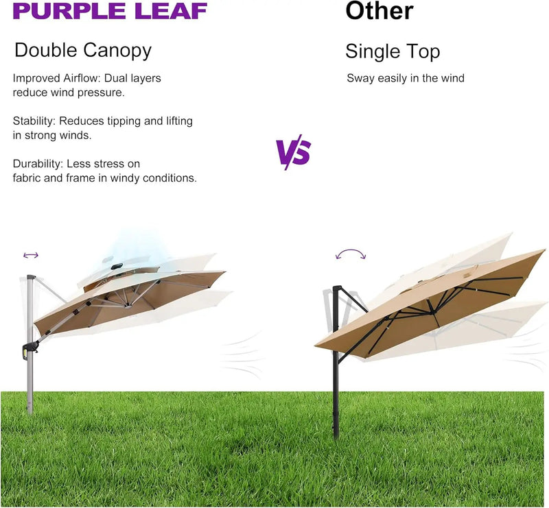 PURPLE LEAF 11ft Solar powered LED Patio Umbrella Outdoor Round Umbrellas Large Cantilever Umbrella with LED lights Windproof Offset Umbrellas Heavy Duty for Garden Deck Pool Patio, Beige by GreenHaven Gardens