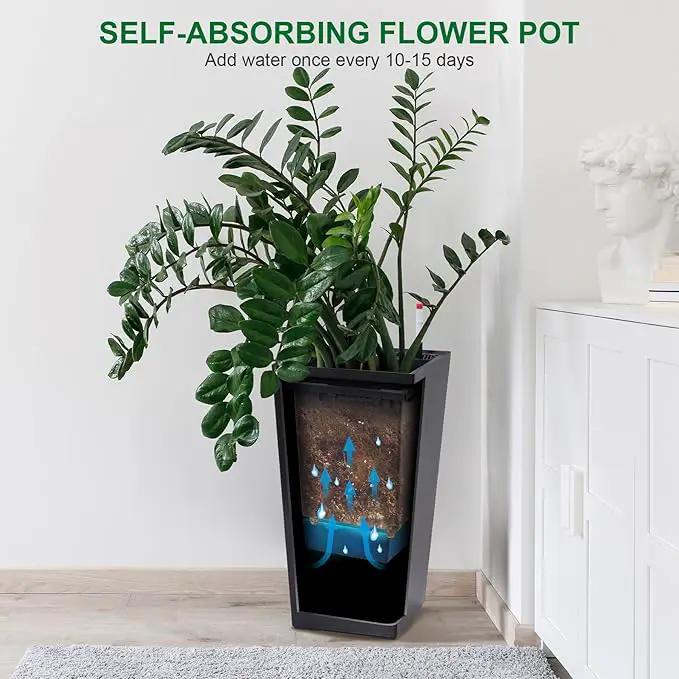 22.5" Tall Planters Set of 2, Outdoor＆Indoor Black Planter Pots, High Front Porch Planter Pots with Drainage Holes＆Water Level Monitor＆Inner Bucket, Automatic Watering, Black by GreenHaven Gardens