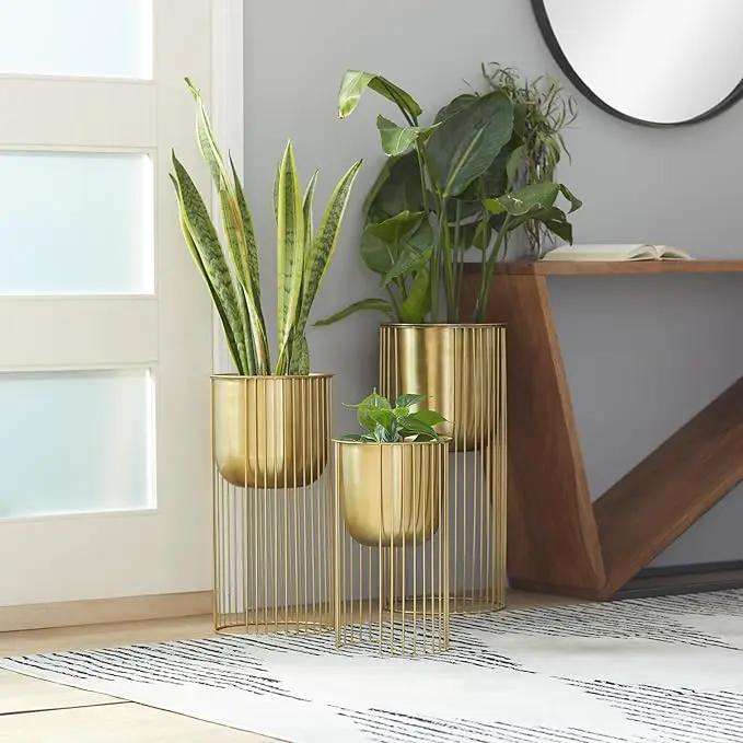 Deco 79 Metal Indoor Outdoor Planter Deep Recessed Dome Large Planter Pot with Elevated Caged Stand, Set of 3 Planters 24", 20", 16"H, Gold by GreenHaven Gardens