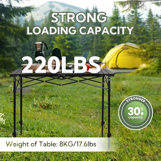 Portable Outdoor Adjustable Height Camping Table, Large for 2-6 Person, Foldable Roll-up Aluminum Camp Table with Carry Bag for Picnic, Camp, Sturdy, Stable, Loads 220 Lbs (Black) by GreenHaven Gardens