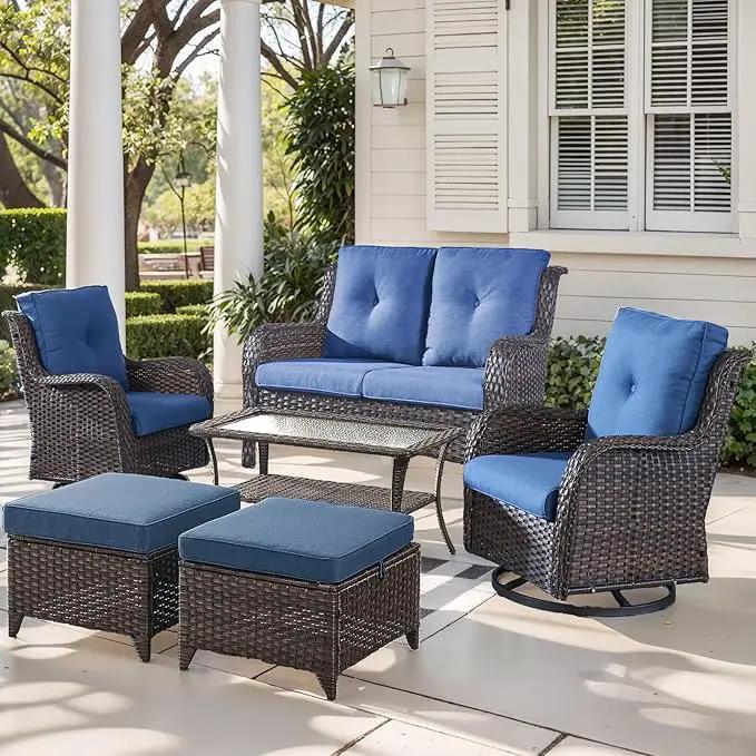Outdoor Wicker Patio Furniture Set - 6 Piece Rattan Patio Conversation Set with 2 Rocking Swivel Chairs,2 Ottomans,1 Loveseat and 1 Coffee Table for Porch Deck Backyard Garden(Brown/Blue) by GreenHaven Gardens