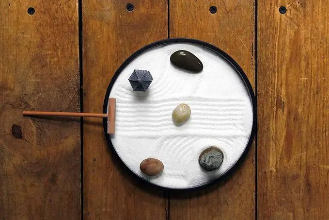 Nature's Mark Mini Zen Garden Kit for Desk with Rake, White Sand, Black Round Base, Miniature Pagoda Figure, River Rocks and Miniature Buddha Figure (6Lx6W Round B) by GreenHaven Gardens