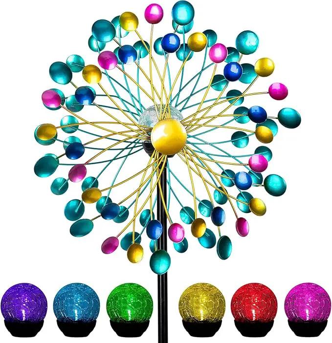Solar Wind Spinners for Yard and Garden- 58.2 Inch Metal Wind Sculptures Outdoor Clearance Kinetic Windmills with Multi Color Led Glass Ball (Polka Dots) by GreenHaven Gardens