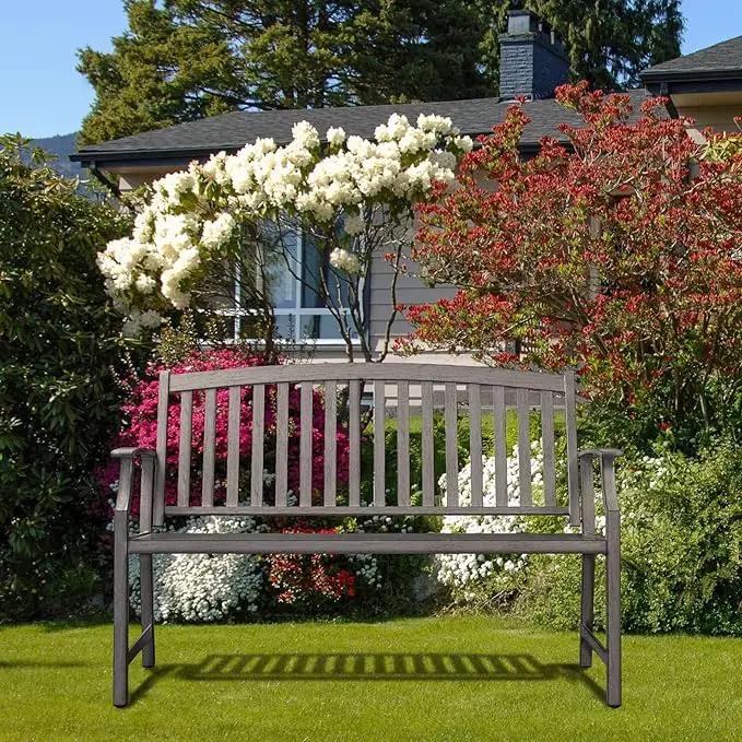 Grand patio 52" Farmhouse Outdoor Bench, Garden Benches with Rust Free Metal Powder Coated Frame and Aluminum Backrest, Faux Wood Grain Finish Frame Patio Bench for Front Porch, Weathered Grey by GreenHaven Gardens