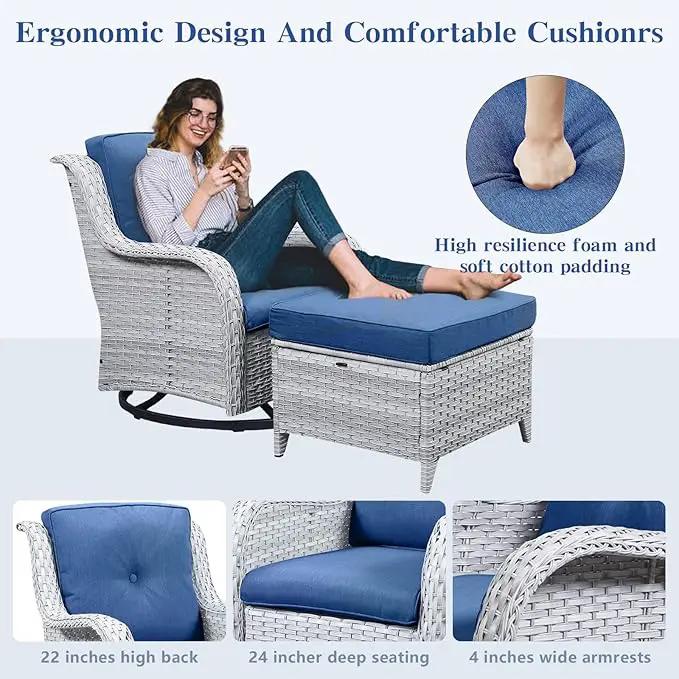 5 Piece Outdoor Patio Furniture Set - Patio Wicker Furniture Conversation Set, Outdoor Swivel Rocker Chairs with Loveseat Sofa and 2 Ottomans for Small Space, Blue Cushion by GreenHaven Gardens