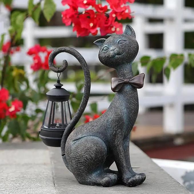 Whimsical Outdoor Cat Statues with Solar Garden Lantern:Cat Garden Statues for Outside Decor Clearance,Outdoor Figurine for Yard Art Lawn Ornaments Patio Balcony Home House - Valentines Birthday Gifts by GreenHaven Gardens