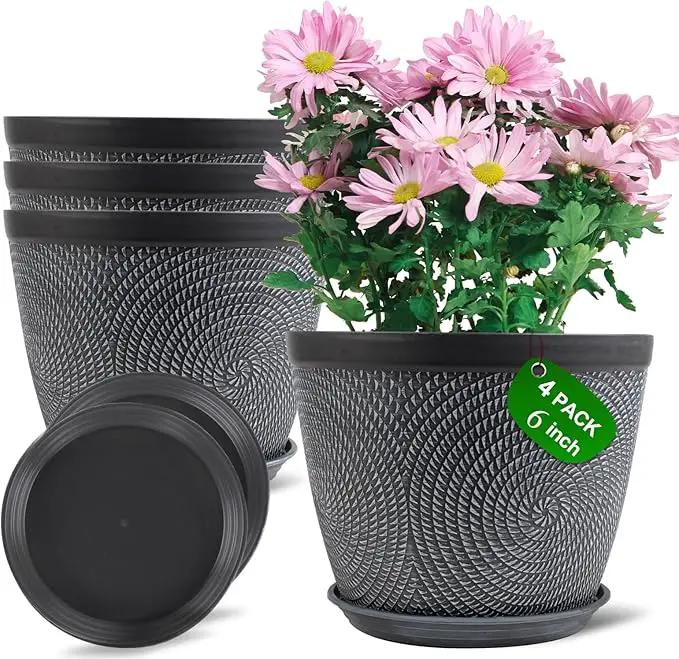 Quarut 4 Pack 6 Inch Flower Pots Planters for Outdoor Indoor, Plastic Plant Pots with Drainage Hole & Tray, Modern Decorative Garden Pot with Saucer, planters for House (Gray) by GreenHaven Gardens