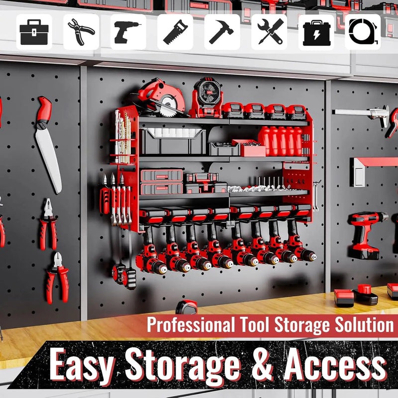Metal Power Tool Organizer Rack Wall Mount, Garage Tool Drill Storage Shelves with Screwdriver Plier Holder (Red, 8 Drills Holder) by GreenHaven Gardens