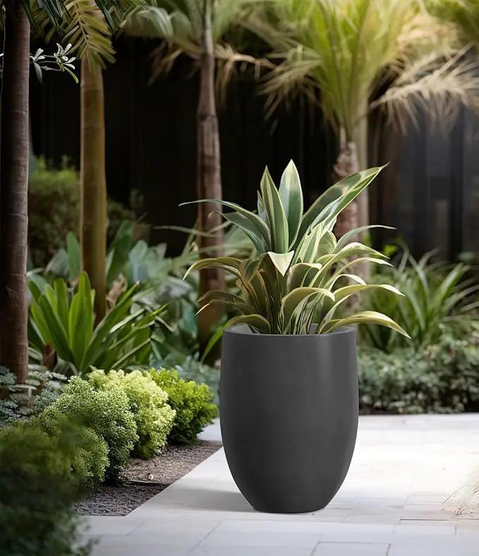 Kante 21.7" H Natural Concrete Tall Planter, Large Outdoor Indoor Decorative Pot with Drainage Hole and Rubber Plug, Modern Round Taper Style for Home and Patio Burnished Black by GreenHaven Gardens
