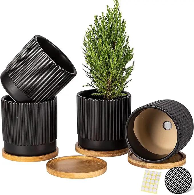 AOMRYOM 4.25 Inch Small Garden Ceramic Plant Pots with Drainage Holes and Tray, Modern Flower Planter Pots for Indoor Plants, Succulent, Cactus and Herbs, Black Stripe, Set of 4 (Plant Not Included) by GreenHaven Gardens