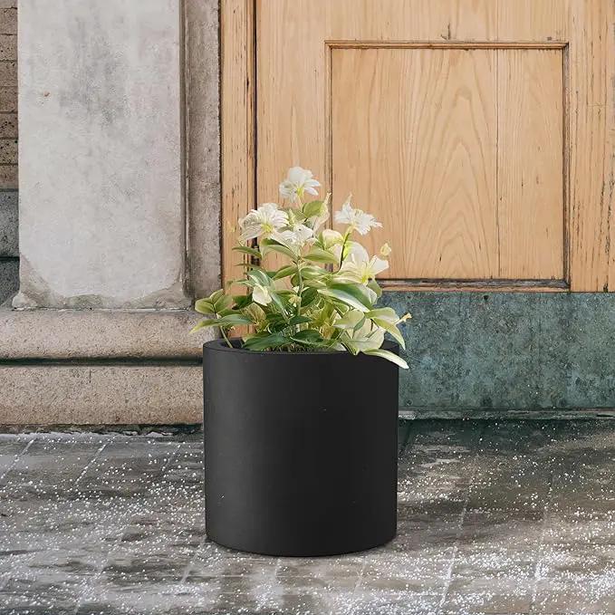 Kante 9.8" Dia Round Concrete Planter, Modern Style Large Cylindrical Plant Pot with Drainage Hole and Rubber Plug for Indoor Outdoor Patio, Black by GreenHaven Gardens