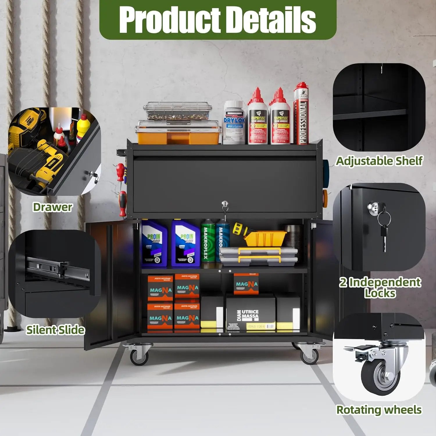 35.43'' H Metal Storage Cabinet on Wheels with 1 Drawer, Rolling Steel Garage Tools Cabinet with Side Pegboard &4 Hooks & 1 Adjustable Shelf for Garage,Shop,Home, Black, Assembly Required by GreenHaven Gardens