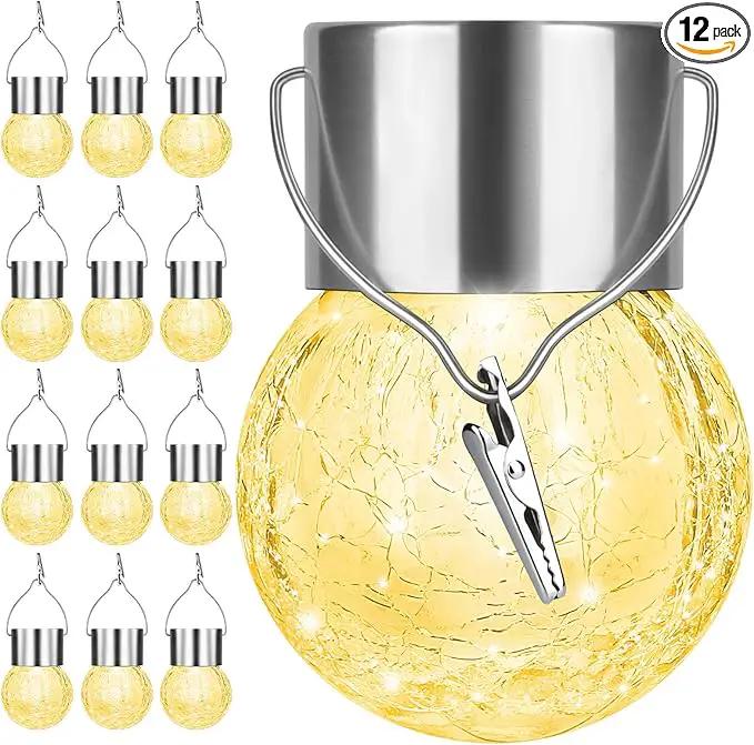 12Pack Hanging Outdoor Solar Lights - Decorative Cracked Glass LED Ball Lights Waterproof Tree Solar Powered Globe Lights with Handle for Garden Yard Patio Fence Christmas Decoration, Warm White by GreenHaven Gardens