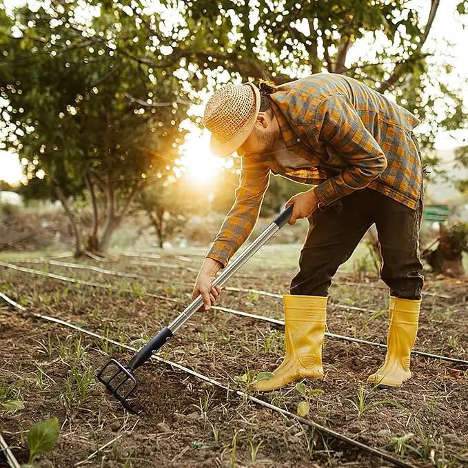 Long Hand Cultivator, Carbon Steel & Stainless Steel Tiller Cultivator, Garden Cultivator with Telescopic Handle and Soft Handle Cover, Hand Tiller for Digging Loosening Weeding by GreenHaven Gardens