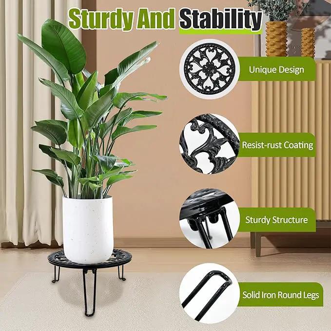 3 Pack Metal Plant Stand Indoor Outdoor, Heavy Duty Flower Pot Stands for Multiple Plants, Black Iron Plant Holder for Planters, Round Plant Shelf for Patio Garden Balcony Living Room by GreenHaven Gardens