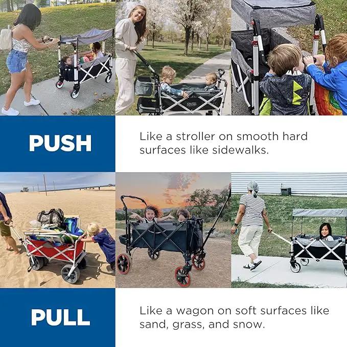 Creative Outdoor Push Pull Stroller Wagon for Kids,150lbs Weight Capacity, Collapsible Folding Cart with Canopy, Silver Series Plus, Beach, Park, Garden & Tailgate (Blue/Gray) by GreenHaven Gardens