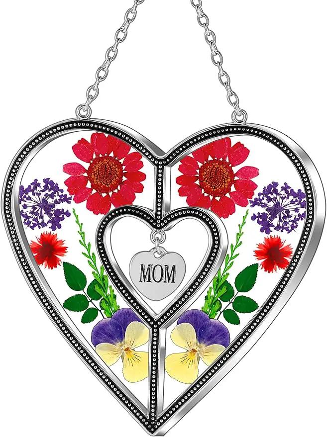 KY&BOSAM Heart Suncatcher Mom Gift Ornament Stained Glass Panles Hangings for Windows Sun Catcher with Pressed Flower Heart in Glass Birthday Gifts for Women Mother`s Day Christmas Home Garden Decor by GreenHaven Gardens