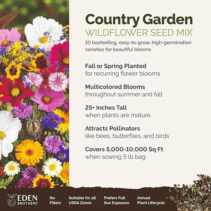 Eden Brothers Country Garden Flower Mixed Seeds for Planting, 5 lb, 2,400,000+ Seeds with Scarlet Flax, Cosmos Sensation | Attracts Pollinators, Plant in Spring or Fall, Zones 3, 4, 5, 6, 7, 8, 9, 10 by GreenHaven Gardens