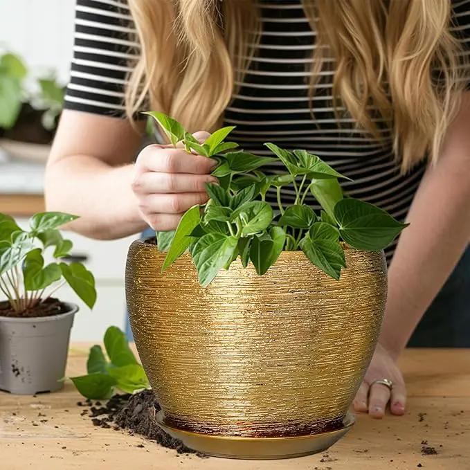 Ceramic Plant Pot 8 Inch - Planter for Outdoor Plants Indoor Plant Pot with Drainage Hole and Saucer Decorative Round Planter Modern Flower Pot for House Decor Gold by GreenHaven Gardens