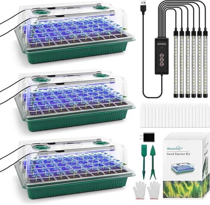 Seed Starter Tray with Grow Light,3 Pack 120 Cells Seedling Tray with Humidity Dome/Indoor Grow Kit for Deep-Rooted Seedlings,Adjustable/Timed Light Plant Starter Set by GreenHaven Gardens