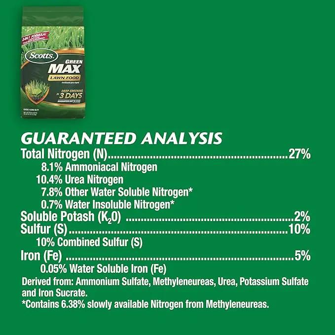 Scotts Green Max Lawn Food, Lawn Fertilizer Plus Iron Supplement for Greener Grass, 10,000 sq. ft., 33.33 lbs. by GreenHaven Gardens