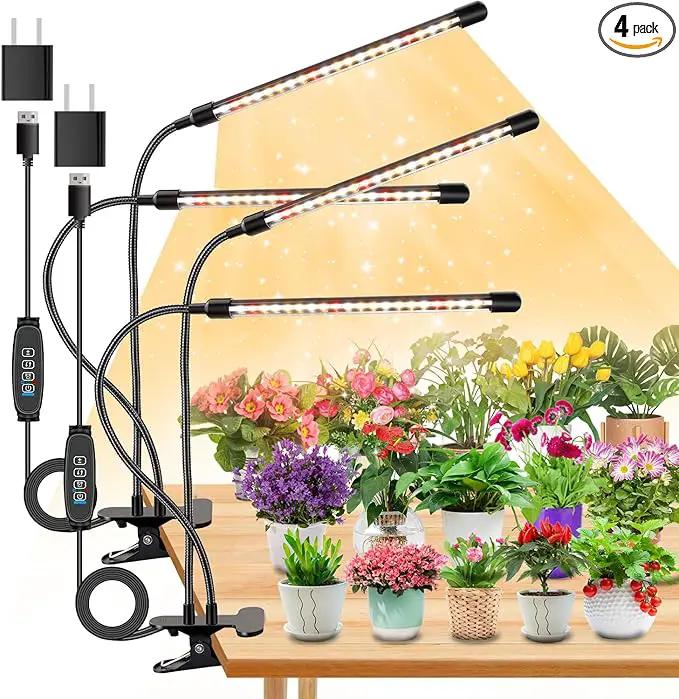 4 Heads Grow Lights for Indoor Plants, Full Spectrum LED Plant Lamps with Clips and 120 inch Cables for Seeding Growing(with Adapter) by GreenHaven Gardens
