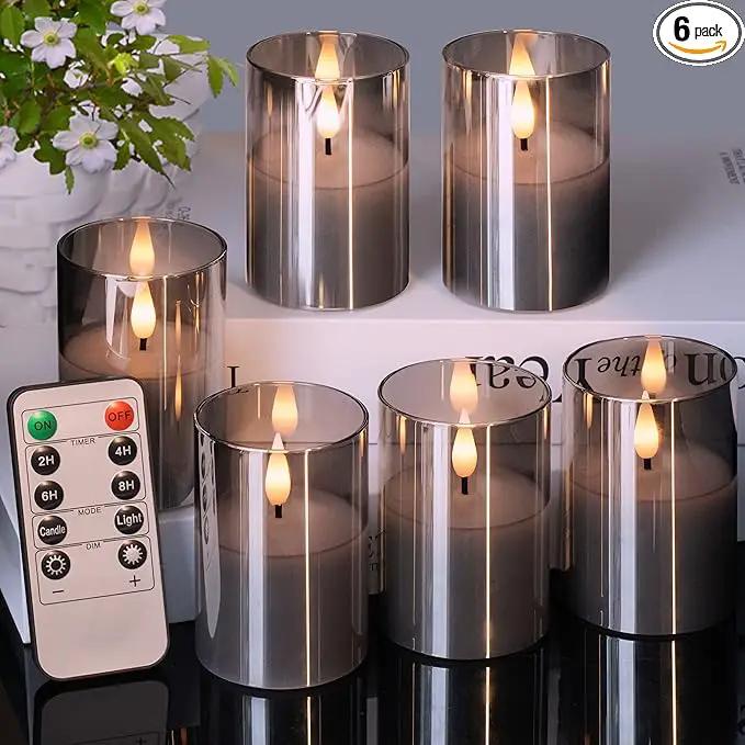 6Pack Glass Flickering Flameless Candles with Remote, 2"X3" Real Wax Votive Candles Battery Operated, Small Electric LED Candles for Wedding Home Decor, w/4 Timers+2 Lighting Modes [Gray] by GreenHaven Gardens