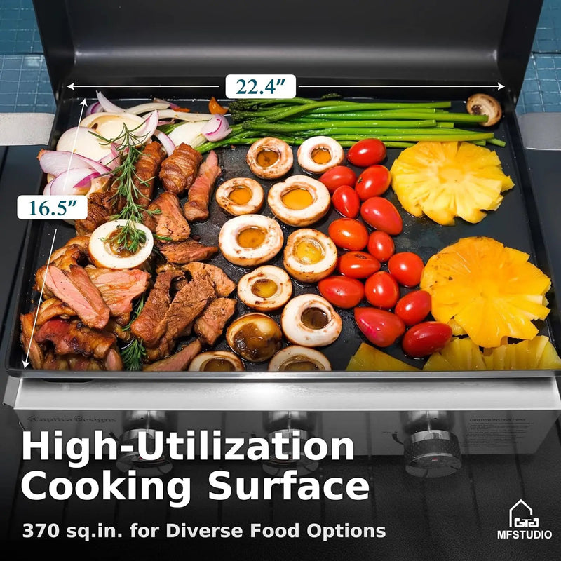 MFSTUDIO 22 Inch Flat Top Grill with Ceramic Coated Cast Iron Pan, 3 Burners Portable Tabletop Propane Gas Griddle Grill for Camping, Outdoor & Tailgating Barbecue, 24,000 BTU by GreenHaven Gardens
