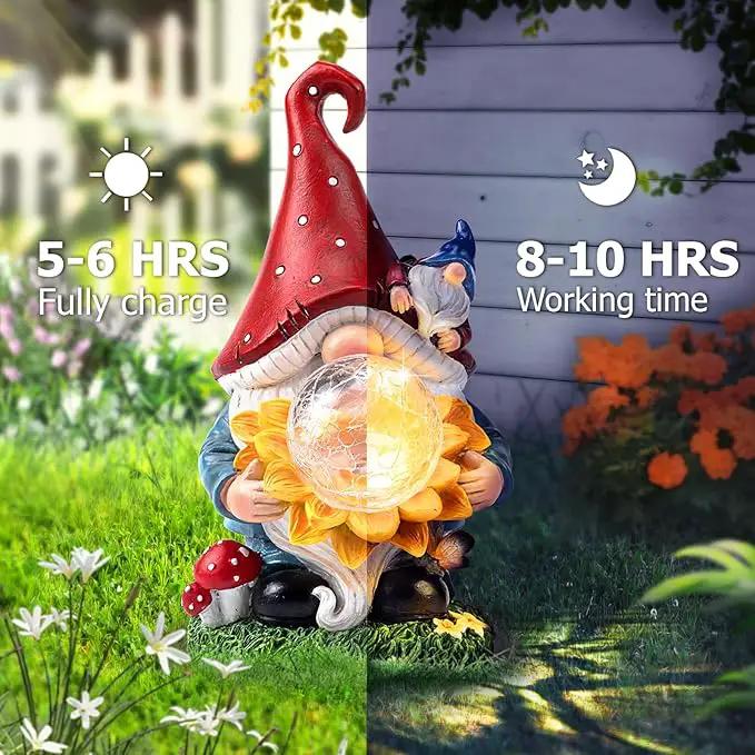 Solar Garden Decor Gnome Statues with Sunflower and Crackle Glass Globe Lights Gnome Outdoor Decorations for Garden Yard Patio Lawn, Unique Housewarming Gifts by GreenHaven Gardens