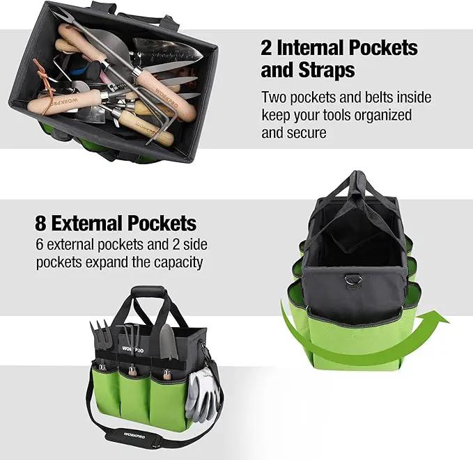 WORKPRO Garden Tool Bag Organizer, Heavy Duty Gardening Tote Bag with 10 Pockets and Long Adjustable Shoulder Strap, Standable Garden Home Tool Kits Organizer, Green by GreenHaven Gardens