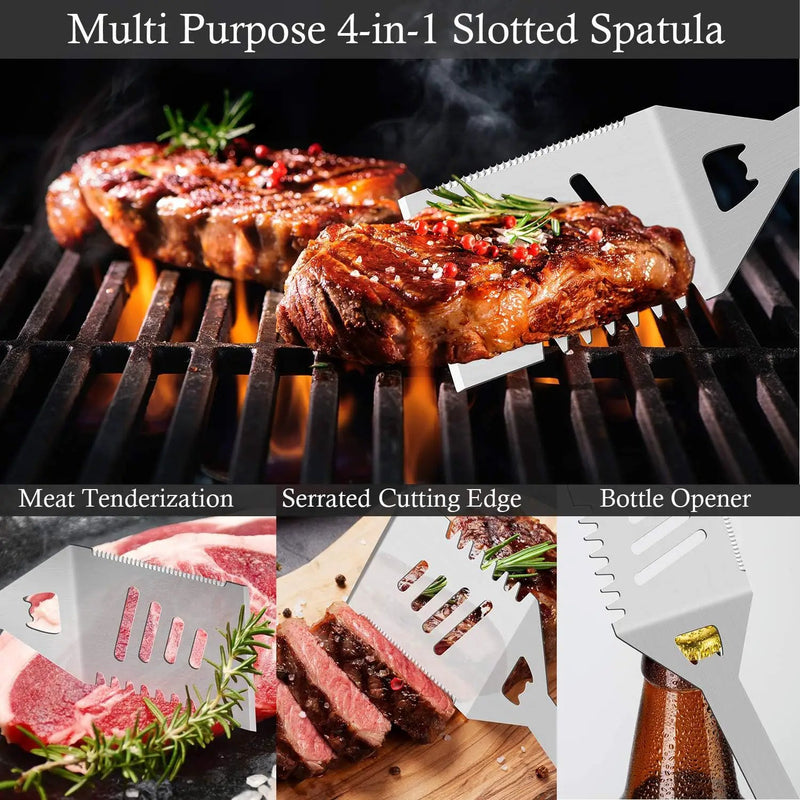 ROMANTICIST 30pcs Stainless Steel Grill Tool Set, Heavy Duty BBQ Grilling Accessories for Men Women, Non-Slip Grill Utensils Kit with Thermometer Mats in Aluminum Case for Fathers Day Silver by GreenHaven Gardens