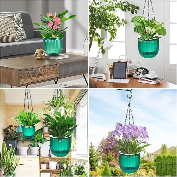 4Pcs Self Watering Hanging Planters, 6.5'' 4.5'' Hanging Flower Pots, Plastic Hanging Plant Basket with Drainage Holes, Visible Hanging Planters for Indoor Plants Garden Home(Emerald) by GreenHaven Gardens